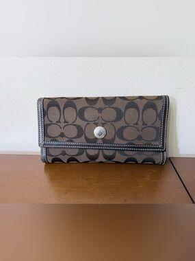 Y2K Coach Monogram CC Brown Leather Trim Trifold Wallet Clutch